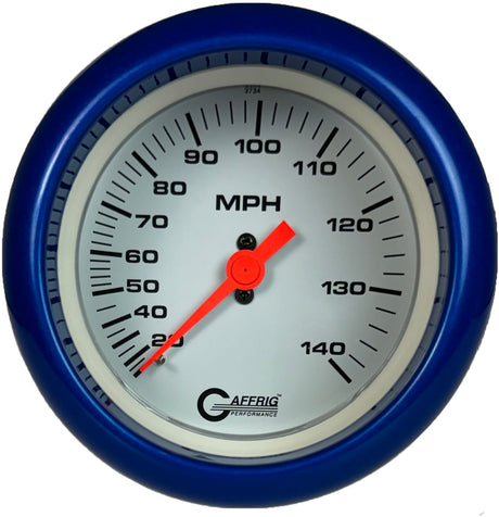 GAFFRIG 3 3/8 INCH MECHANICAL DRY SPEEDOMETER 140 MPH - HEAD ONLY WHITE / FAT RIM (338) / BLUE