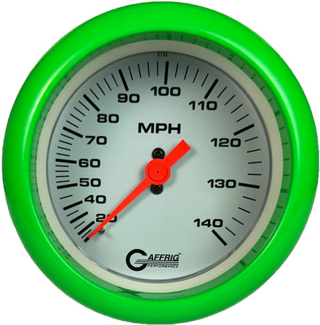 GAFFRIG 3 3/8 INCH MECHANICAL DRY SPEEDOMETER 140 MPH - HEAD ONLY WHITE / FAT RIM (338) / LIME GREEN