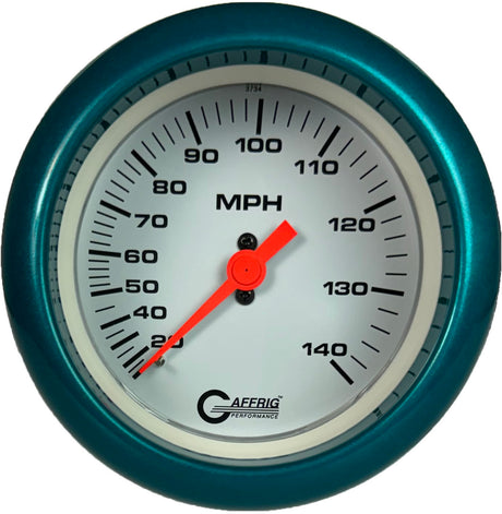 GAFFRIG 3 3/8 INCH MECHANICAL DRY SPEEDOMETER 140 MPH - HEAD ONLY WHITE / FAT RIM (338) / TEAL