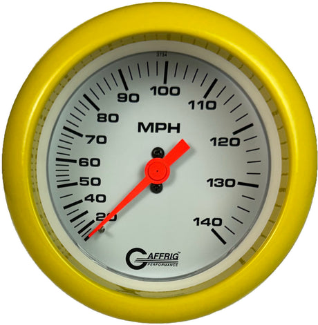 GAFFRIG 3 3/8 INCH MECHANICAL DRY SPEEDOMETER 140 MPH - HEAD ONLY WHITE / FAT RIM (338) / YELLOW