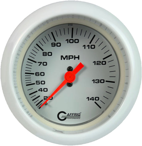 GAFFRIG 3 3/8 INCH MECHANICAL DRY SPEEDOMETER 140 MPH - HEAD ONLY WHITE / FAT RIM (338) / WHITE