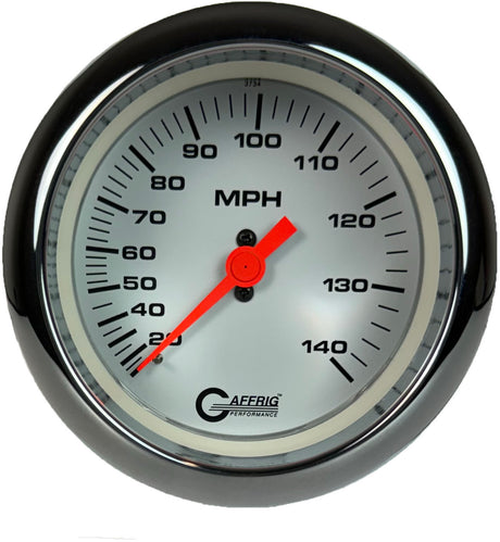 GAFFRIG 3 3/8 INCH MECHANICAL DRY SPEEDOMETER 140 MPH - HEAD ONLY WHITE / FAT RIM (338) / POLISHED/CHROME