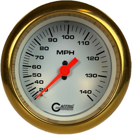 GAFFRIG 3 3/8 INCH MECHANICAL DRY SPEEDOMETER 140 MPH - HEAD ONLY WHITE / FAT RIM (338) / GOLD