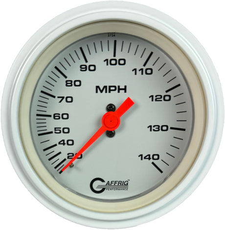 GAFFRIG 3 3/8 INCH MECHANICAL DRY SPEEDOMETER 140 MPH - HEAD ONLY WHITE / STEP RIM (008) / WHITE