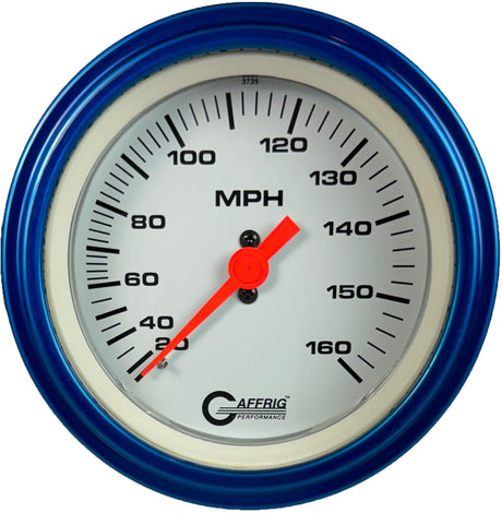 GAFFRIG 3 3/8 INCH MECHANICAL DRY SPEEDOMETER 160 MPH - HEAD ONLY STEP RIM (008) / BLUE / WHITE