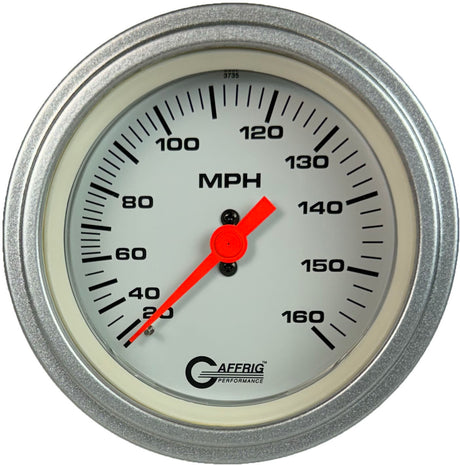 GAFFRIG 3 3/8 INCH MECHANICAL DRY SPEEDOMETER 160 MPH - HEAD ONLY STEP RIM (008) / PLATINUM / WHITE