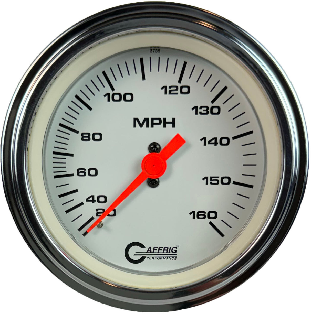 GAFFRIG 3 3/8 INCH MECHANICAL DRY SPEEDOMETER 160 MPH - HEAD ONLY STEP RIM (008) / POLISHED/CHROME / WHITE