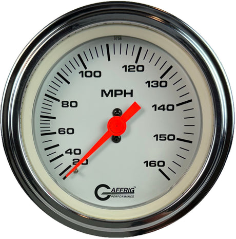 GAFFRIG 3 3/8 INCH MECHANICAL DRY SPEEDOMETER 160 MPH - HEAD ONLY STEP RIM (008) / POLISHED/CHROME / WHITE