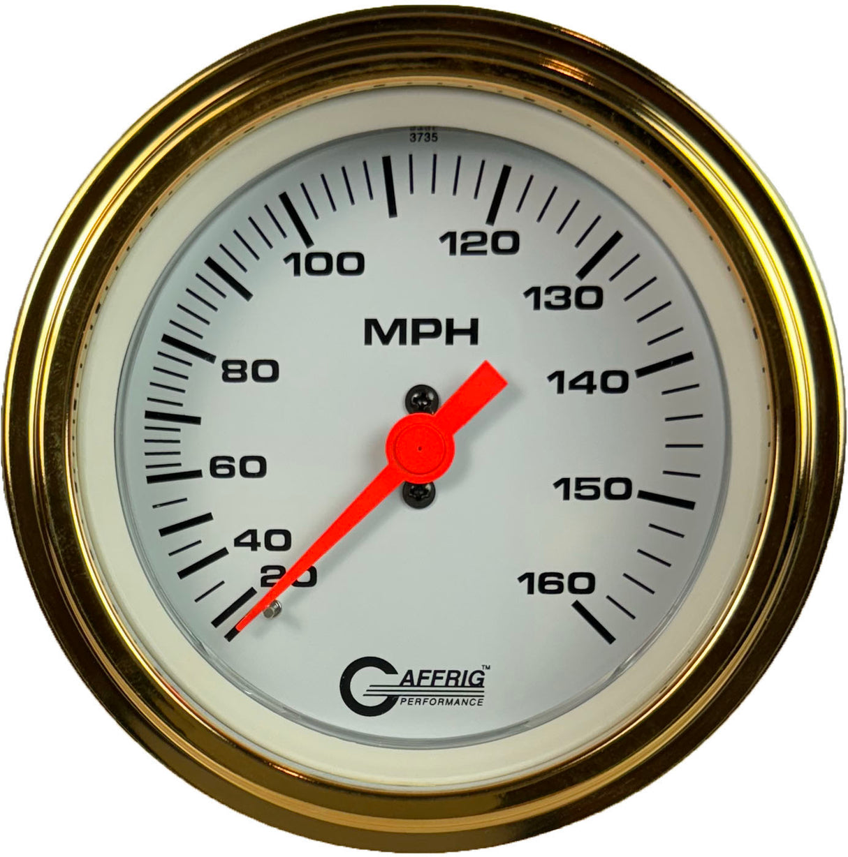 GAFFRIG 3 3/8 INCH MECHANICAL DRY SPEEDOMETER 160 MPH - HEAD ONLY STEP RIM (008) / GOLD / WHITE