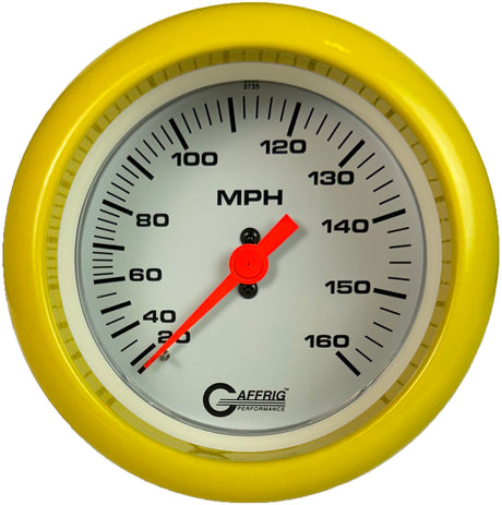 GAFFRIG 3 3/8 INCH MECHANICAL DRY SPEEDOMETER 160 MPH - HEAD ONLY FAT RIM (338) / YELLOW / WHITE