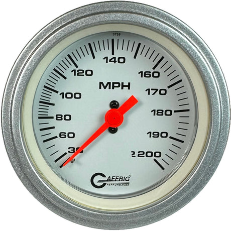 GAFFRIG 3 3/8 INCH MECHANICAL DRY SPEEDOMETER 200 MPH - HEAD ONLY STEP RIM (008) / PLATINUM / WHITE