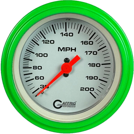 GAFFRIG 3 3/8 INCH MECHANICAL DRY SPEEDOMETER 200 MPH - HEAD ONLY STEP RIM (008) / LIME GREEN / WHITE