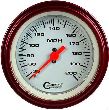 GAFFRIG 3 3/8 INCH MECHANICAL DRY SPEEDOMETER 200 MPH - HEAD ONLY STEP RIM (008) / RED / WHITE