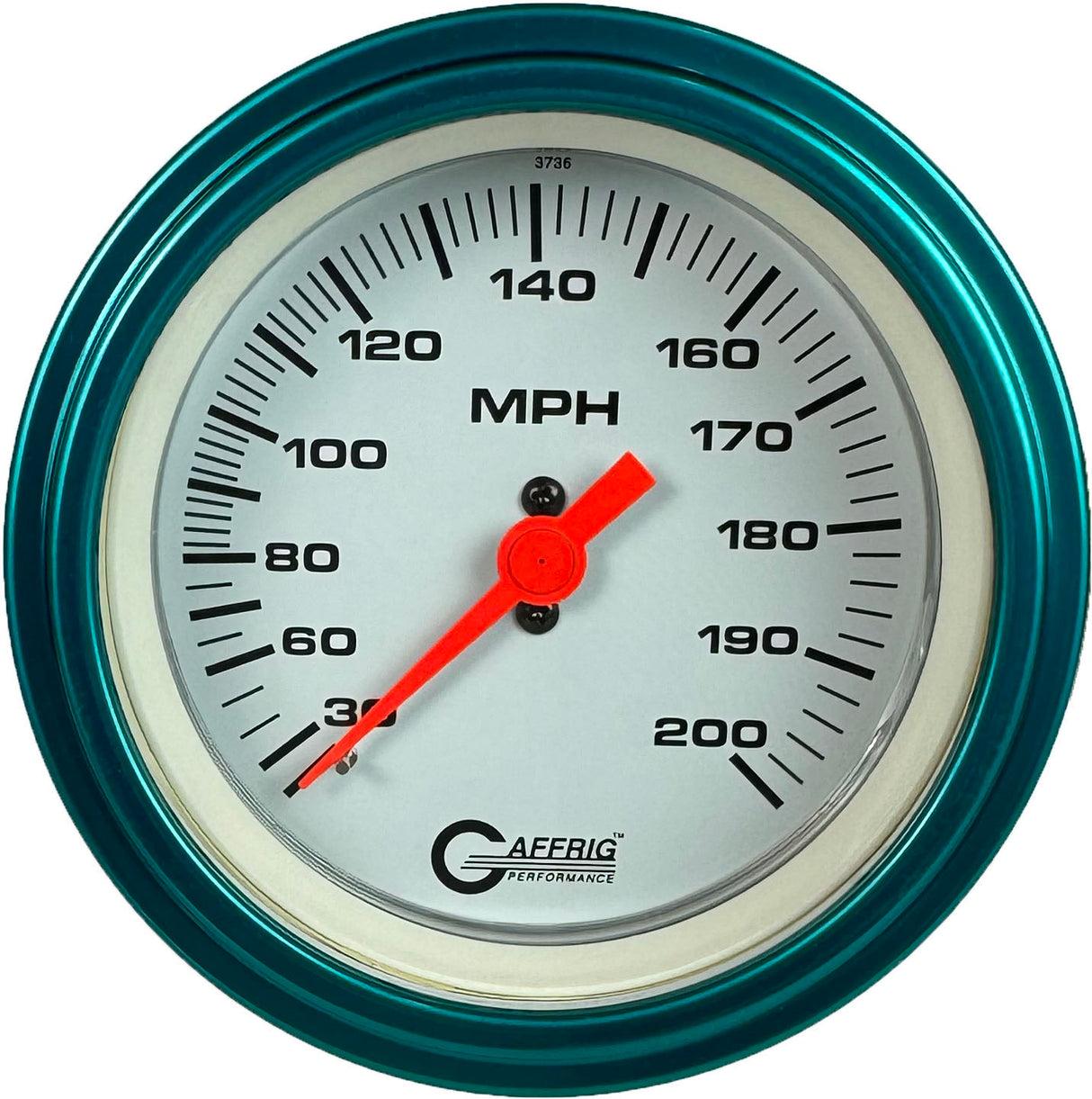 GAFFRIG 3 3/8 INCH MECHANICAL DRY SPEEDOMETER 200 MPH - HEAD ONLY STEP RIM (008) / TEAL / WHITE