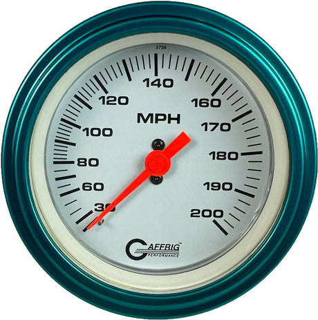 GAFFRIG 3 3/8 INCH MECHANICAL DRY SPEEDOMETER 200 MPH - HEAD ONLY STEP RIM (008) / TEAL / WHITE