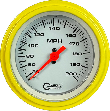 GAFFRIG 3 3/8 INCH MECHANICAL DRY SPEEDOMETER 200 MPH - HEAD ONLY STEP RIM (008) / YELLOW / WHITE