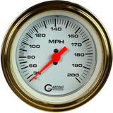 GAFFRIG 3 3/8 INCH MECHANICAL DRY SPEEDOMETER 200 MPH - HEAD ONLY STEP RIM (008) / GOLD / WHITE