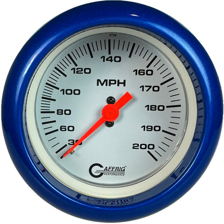 GAFFRIG 3 3/8 INCH MECHANICAL DRY SPEEDOMETER 200 MPH - HEAD ONLY FAT RIM (338) / BLUE / WHITE