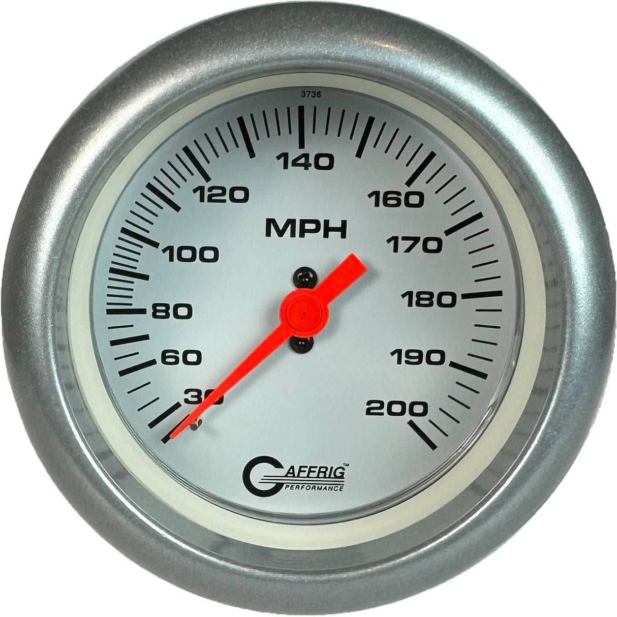 GAFFRIG 3 3/8 INCH MECHANICAL DRY SPEEDOMETER 200 MPH - HEAD ONLY FAT RIM (338) / PLATINUM / WHITE