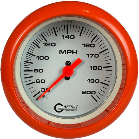 GAFFRIG 3 3/8 INCH MECHANICAL DRY SPEEDOMETER 200 MPH - HEAD ONLY FAT RIM (338) / ORANGE / WHITE