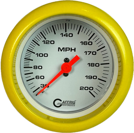 GAFFRIG 3 3/8 INCH MECHANICAL DRY SPEEDOMETER 200 MPH - HEAD ONLY FAT RIM (338) / YELLOW / WHITE