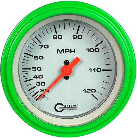 GAFFRIG 3 3/8 INCH MECHANICAL DRY SPEEDOMETER 120 MPH KIT WHITE / STEP RIM (008) / LIME GREEN