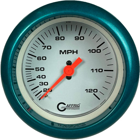 GAFFRIG 3 3/8 INCH MECHANICAL DRY SPEEDOMETER 120 MPH KIT WHITE / FAT RIM (338) / TEAL