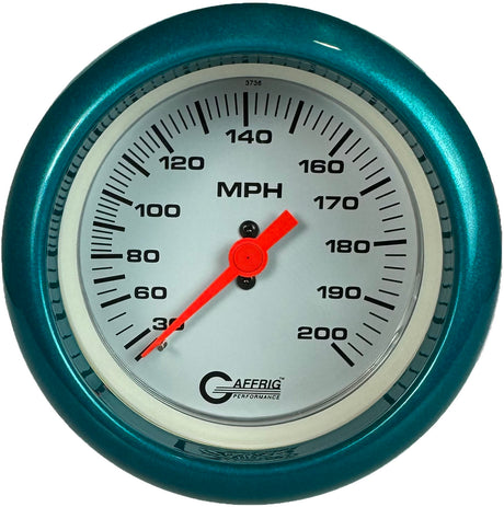 GAFFRIG 3 3/8 INCH MECHANICAL DRY SPEEDOMETER 200 MPH KIT FAT RIM (338) / TEAL / WHITE