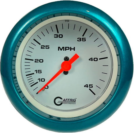 GAFFRIG 3 3/8 INCH MECHANICAL DRY SPEEDOMETER 45 MPH KIT WHITE / FAT RIM (338) / TEAL