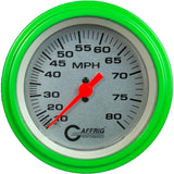 GAFFRIG 3 3/8 INCH MECHANICAL DRY SPEEDOMETER 80 MPH KIT PLATINUM / STEP RIM (008) / LIME GREEN