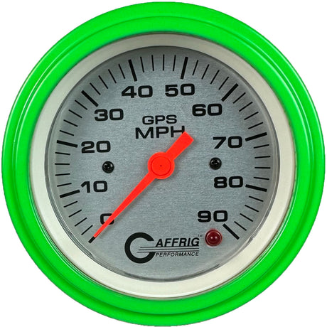 GAFFRIG 3 3/8 INCH GPS SPEEDOMETER - HEAD ONLY - PLATINUM STEP RIM (008) / LIME GREEN / 90 MPH