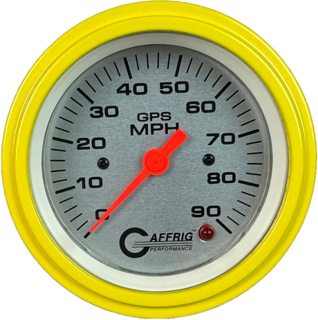 GAFFRIG 3 3/8 INCH GPS SPEEDOMETER - HEAD ONLY - PLATINUM STEP RIM (008) / YELLOW / 90 MPH