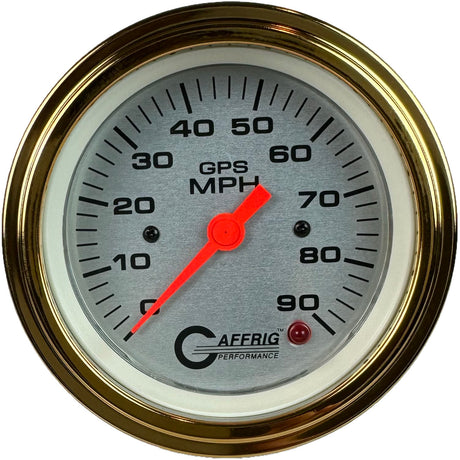 GAFFRIG 3 3/8 INCH GPS SPEEDOMETER - HEAD ONLY - PLATINUM STEP RIM (008) / GOLD / 90 MPH