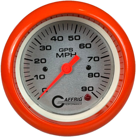 GAFFRIG 3 3/8 INCH GPS SPEEDOMETER - HEAD ONLY - PLATINUM FAT RIM (338) / ORANGE / 90 MPH