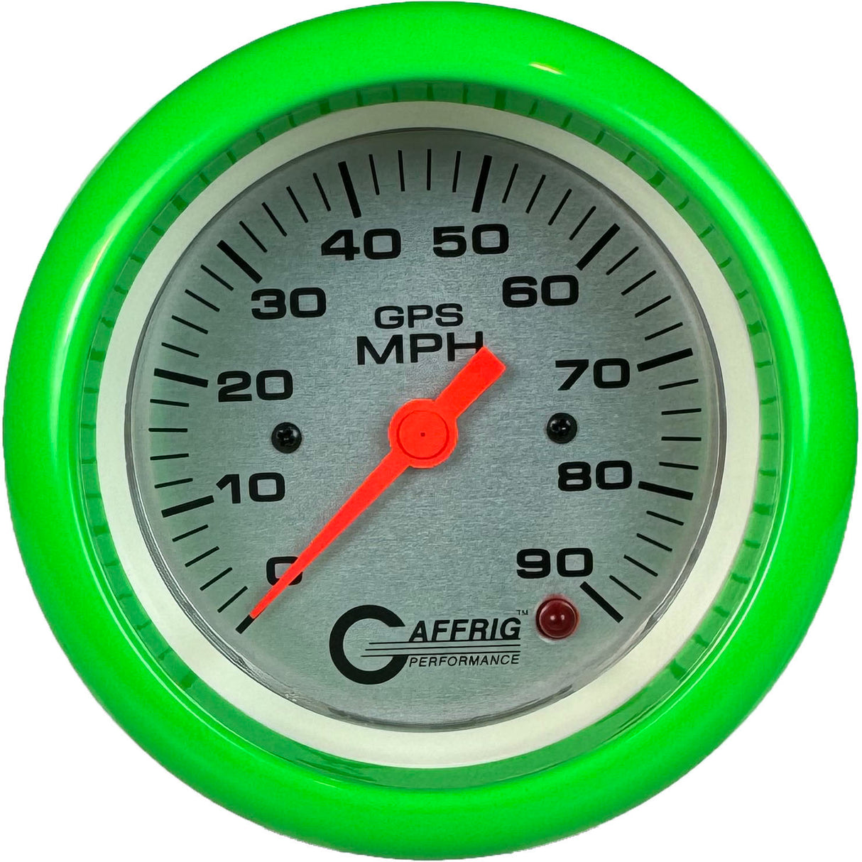 GAFFRIG 3 3/8 INCH GPS SPEEDOMETER - HEAD ONLY - PLATINUM FAT RIM (338) / LIME GREEN / 90 MPH