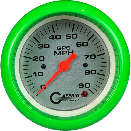 GAFFRIG 3 3/8 INCH GPS SPEEDOMETER - HEAD ONLY - PLATINUM FAT RIM (338) / LIME GREEN / 90 MPH