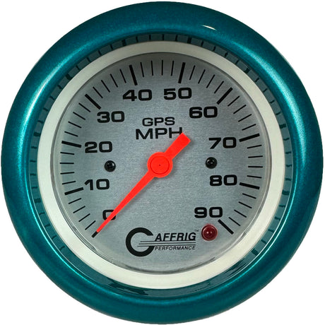 GAFFRIG 3 3/8 INCH GPS SPEEDOMETER - HEAD ONLY - PLATINUM FAT RIM (338) / TEAL / 90 MPH