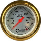 GAFFRIG 3 3/8 INCH GPS SPEEDOMETER - HEAD ONLY - PLATINUM FAT RIM (338) / GOLD / 90 MPH