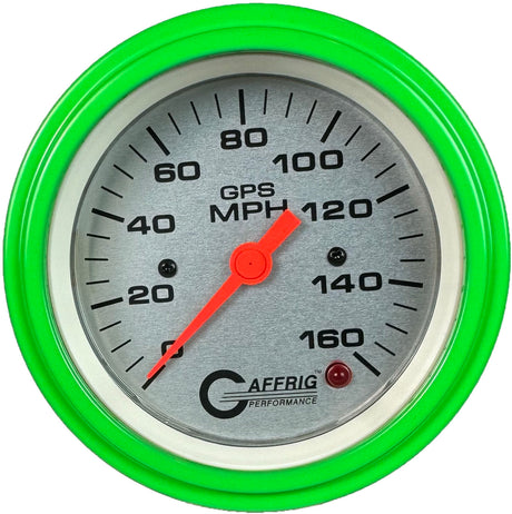 GAFFRIG 3 3/8 INCH GPS SPEEDOMETER - HEAD ONLY - PLATINUM STEP RIM (008) / LIME GREEN / 160 MPH