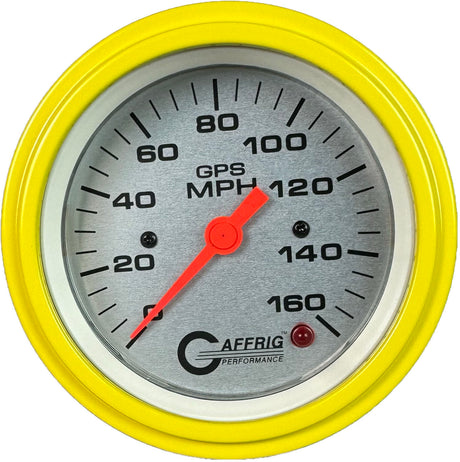 GAFFRIG 3 3/8 INCH GPS SPEEDOMETER - HEAD ONLY - PLATINUM STEP RIM (008) / YELLOW / 160 MPH