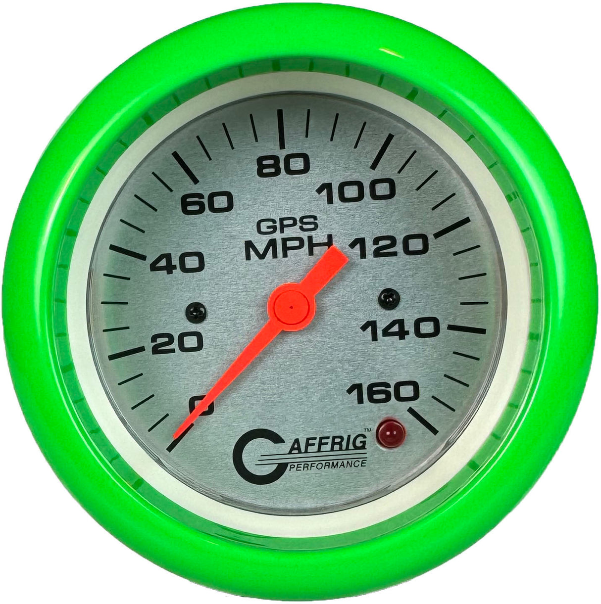 GAFFRIG 3 3/8 INCH GPS SPEEDOMETER - HEAD ONLY - PLATINUM FAT RIM (338) / LIME GREEN / 160 MPH