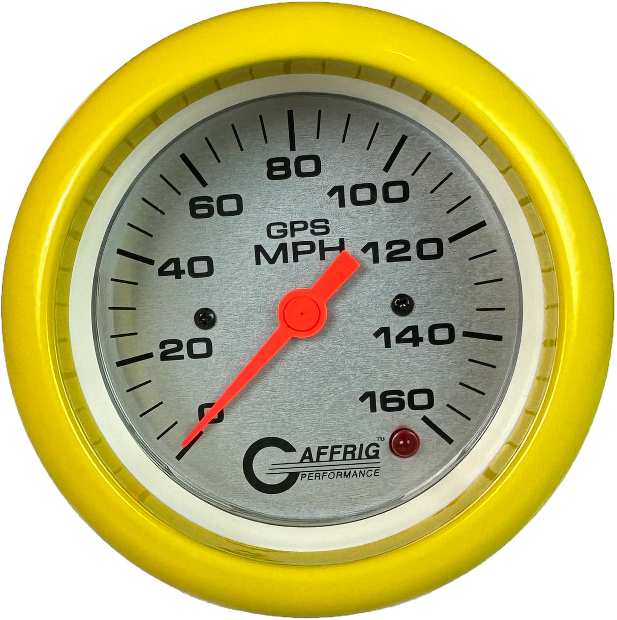 GAFFRIG 3 3/8 INCH GPS SPEEDOMETER - HEAD ONLY - PLATINUM FAT RIM (338) / YELLOW / 160 MPH