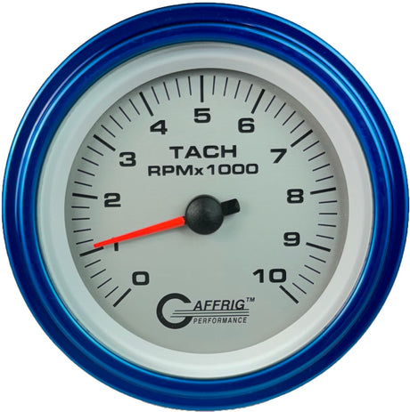 GAFFRIG 3 3/8 INCH ELECTRIC TACHOMETER 6000, 8000 & 10000 RPM PLATINUM STEP RIM (008) / BLUE / 10000