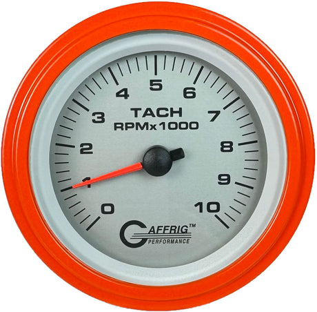 GAFFRIG 3 3/8 INCH ELECTRIC TACHOMETER 6000, 8000 & 10000 RPM PLATINUM STEP RIM (008) / ORANGE / 10000