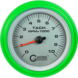 GAFFRIG 3 3/8 INCH ELECTRIC TACHOMETER 6000, 8000 & 10000 RPM PLATINUM STEP RIM (008) / LIME GREEN / 10000