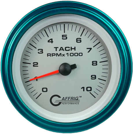 GAFFRIG 3 3/8 INCH ELECTRIC TACHOMETER 6000, 8000 & 10000 RPM PLATINUM STEP RIM (008) / TEAL / 10000