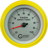 GAFFRIG 3 3/8 INCH ELECTRIC TACHOMETER 6000, 8000 & 10000 RPM PLATINUM STEP RIM (008) / YELLOW / 10000