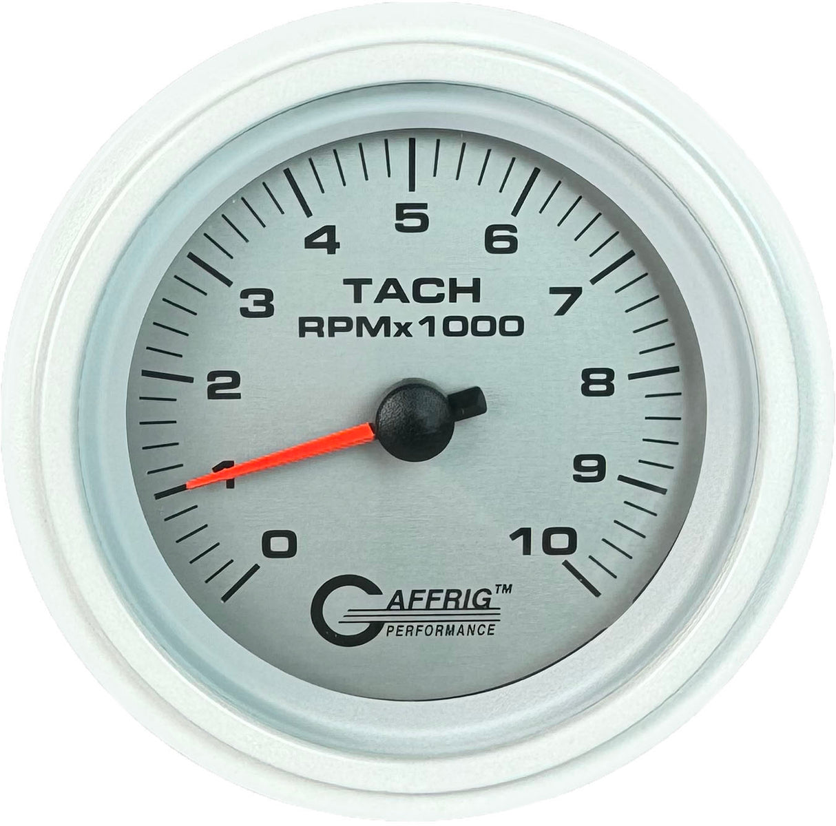 GAFFRIG 3 3/8 INCH ELECTRIC TACHOMETER 6000, 8000 & 10000 RPM PLATINUM STEP RIM (008) / WHITE / 10000