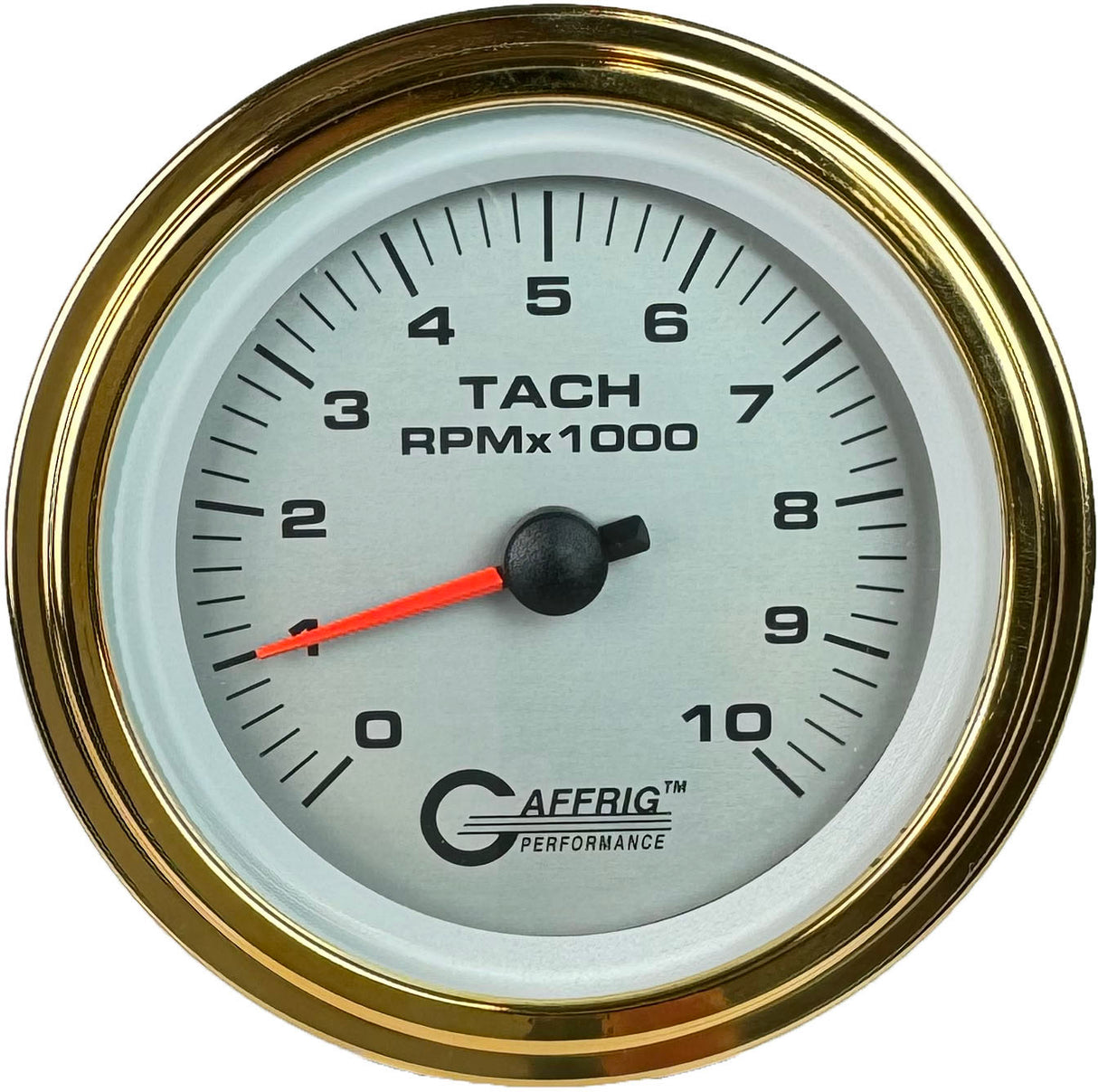 GAFFRIG 3 3/8 INCH ELECTRIC TACHOMETER 6000, 8000 & 10000 RPM PLATINUM STEP RIM (008) / GOLD / 10000