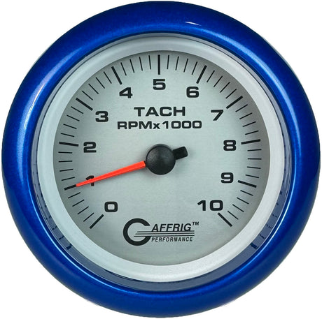 GAFFRIG 3 3/8 INCH ELECTRIC TACHOMETER 6000, 8000 & 10000 RPM PLATINUM FAT RIM (338) / BLUE / 10000